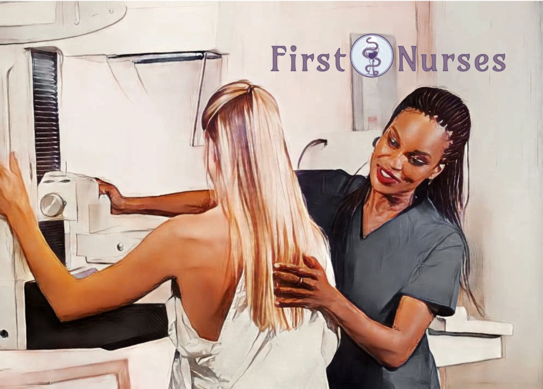 radiology technician guiding a woman into a mammography machine