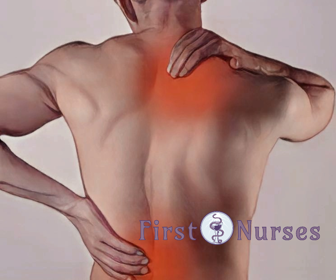 a mans bare back with pain points illustrated in red. The man holds his lower back with his left hand and his neck with his right hand. 